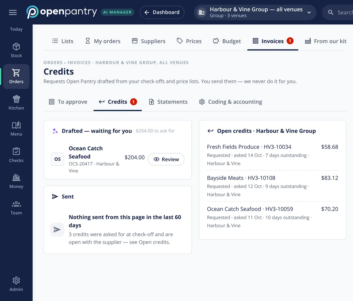 Restaurant AI Manager Credits screen for a restaurant group: a £204 seafood credit request drafted from check-offs and price lists waiting for review, and a list of open credits by supplier with the date asked and days outstanding