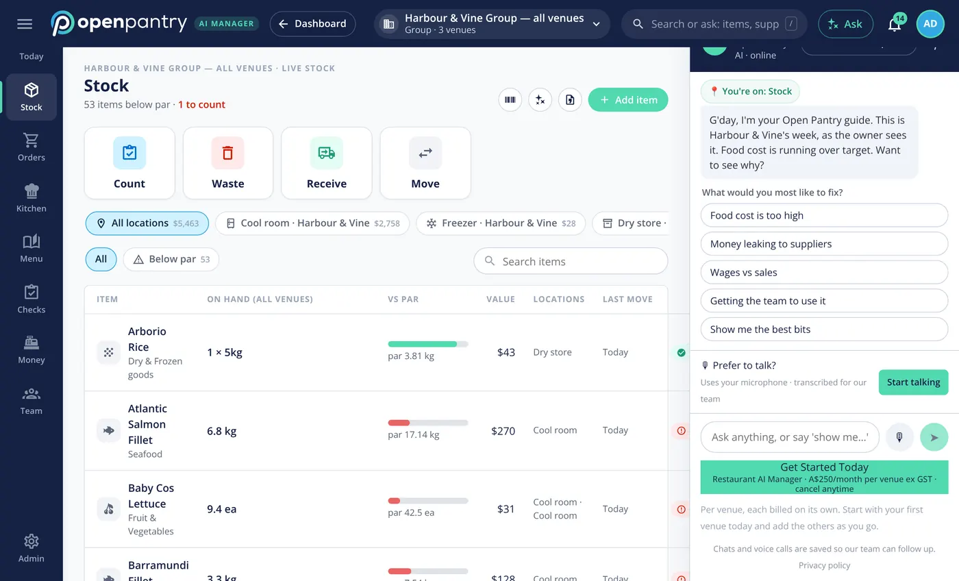 The live demo: the stock screen of a demo restaurant group, with the guide panel on the right asking what you would most like to fix