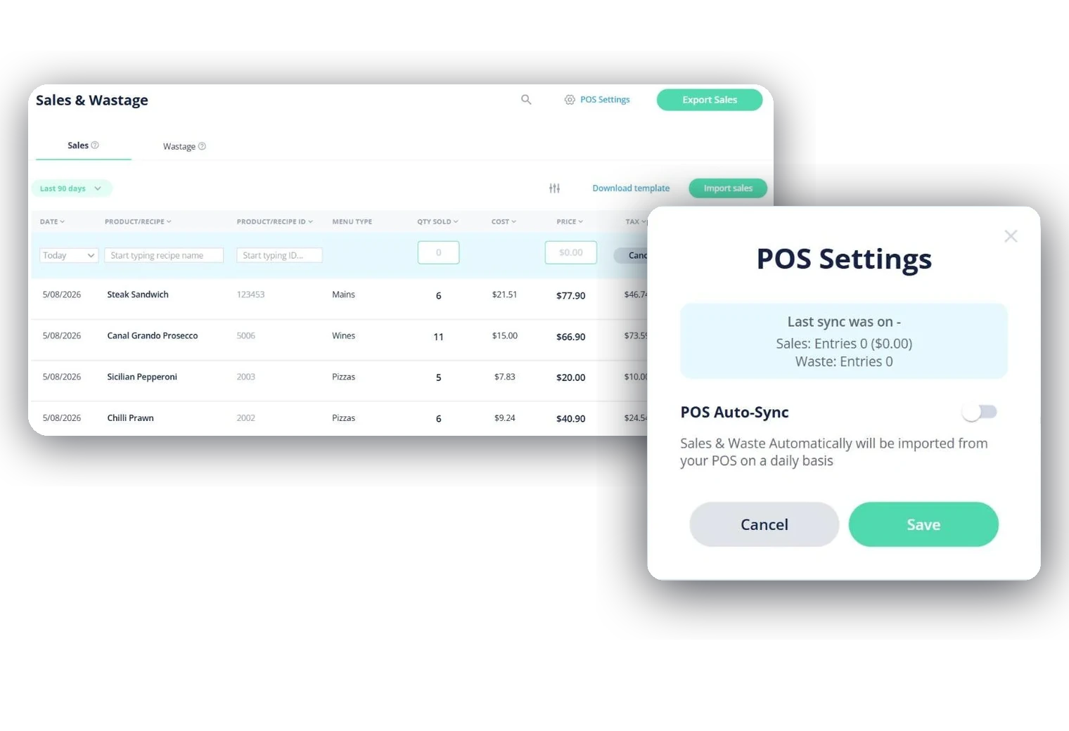 Open Pantry POS Settings dialog with the POS Auto-Sync toggle and last-sync state over the venue Sales and Wastage screen showing imported sales by recipe, menu type, quantity, cost, price and total