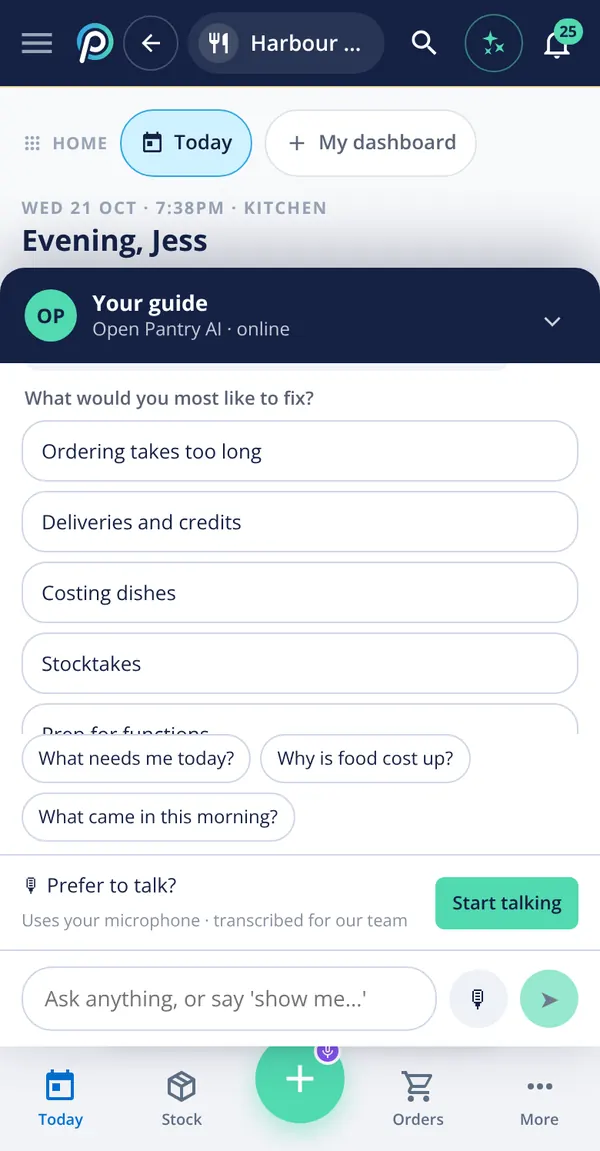 The demo guide on a phone, offering topics like ordering, deliveries and credits, costing and stocktakes