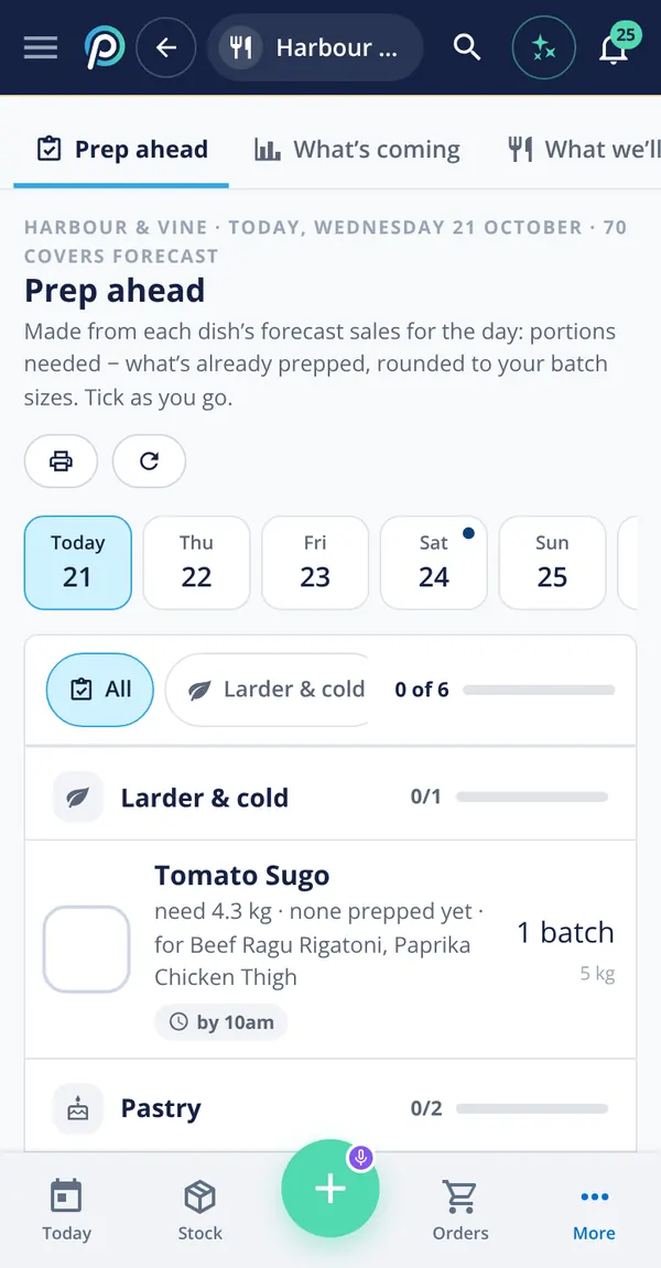 Restaurant AI Manager Prep ahead on a phone for a 70-cover day: tomato sugo needed for two dishes, rounded up to one 5 kg batch, due by 10am, under the larder and cold station