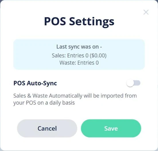 Open Pantry POS Settings dialog for a venue showing the last sync, sales and waste entry counts, and a POS Auto-Sync toggle that imports sales and waste from the POS on a daily basis