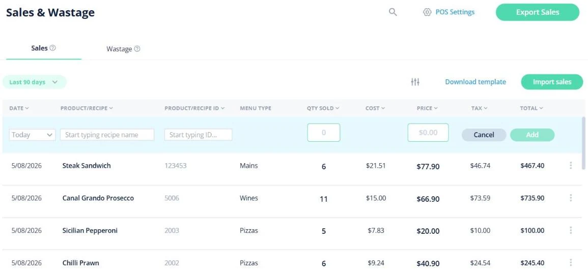 Open Pantry sales table for a venue listing recipes with menu type, quantity sold, unit cost, price, tax and line total for the last 90 days