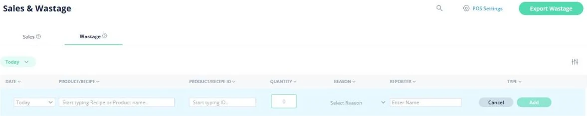 Open Pantry wastage entry screen for a venue showing the date, product or recipe, quantity, reason and reporter columns