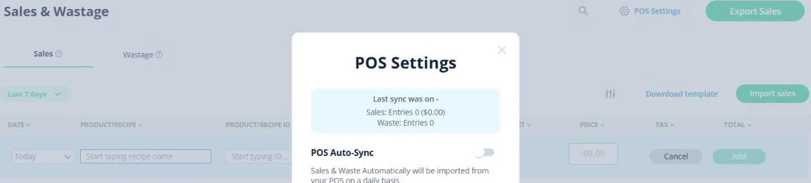 Open Pantry sales entry screen for a venue with the import-sales option and the POS settings dialog offering daily automatic sync of sales and waste