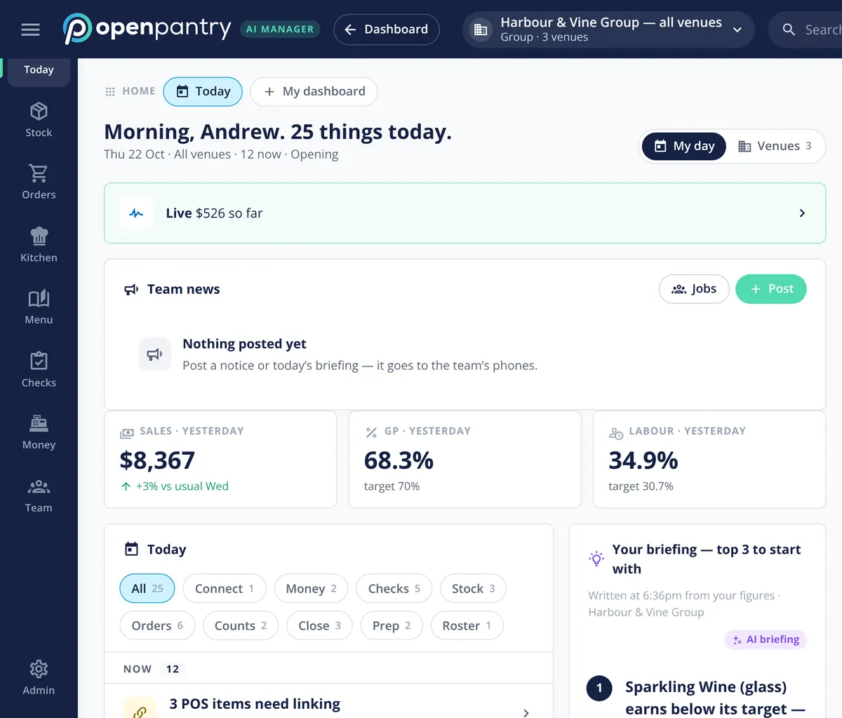 Restaurant AI Manager Today screen: yesterday’s sales, GP and labour against target, and one task list filtered by checks, orders, stock, counts, close and prep
