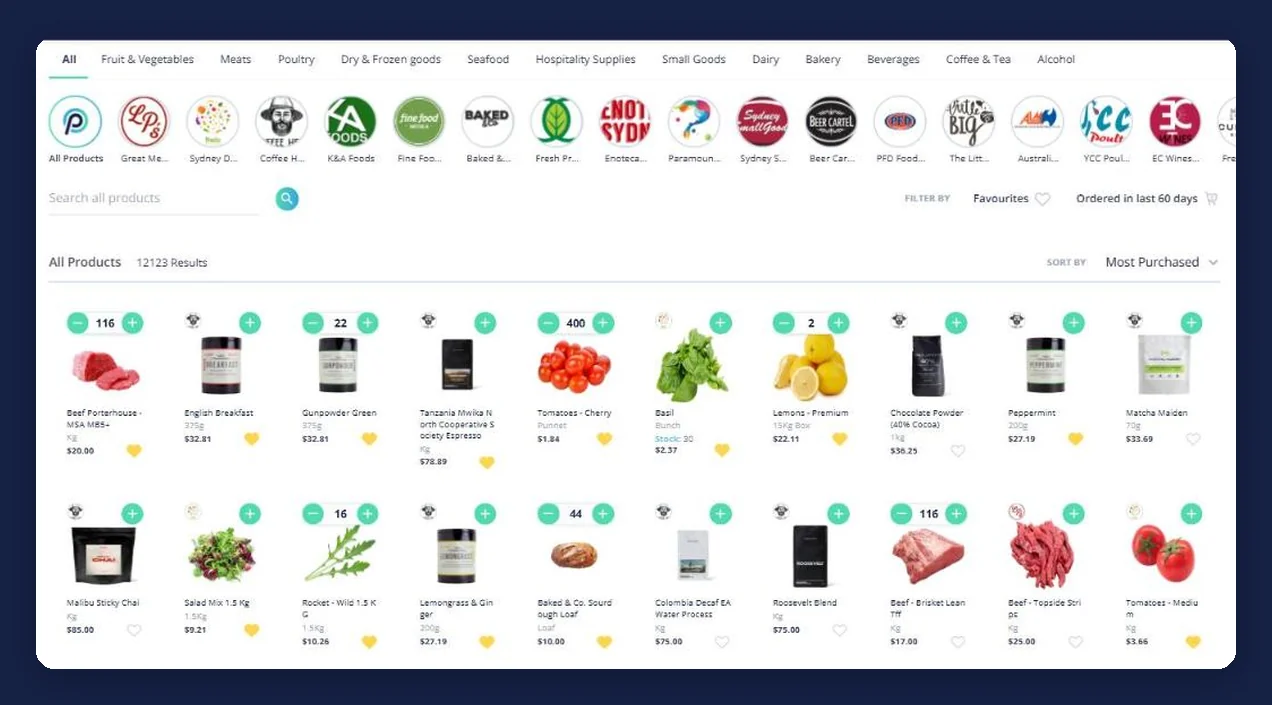 Open Pantry browse-by-category ordering screen showing category tabs, a supplier rail and priced products with add-to-cart controls