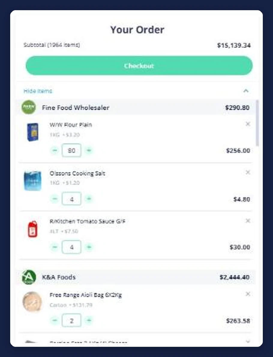 Open Pantry order cart for a restaurant, grouped by supplier with a subtotal for each and quantities against every product line