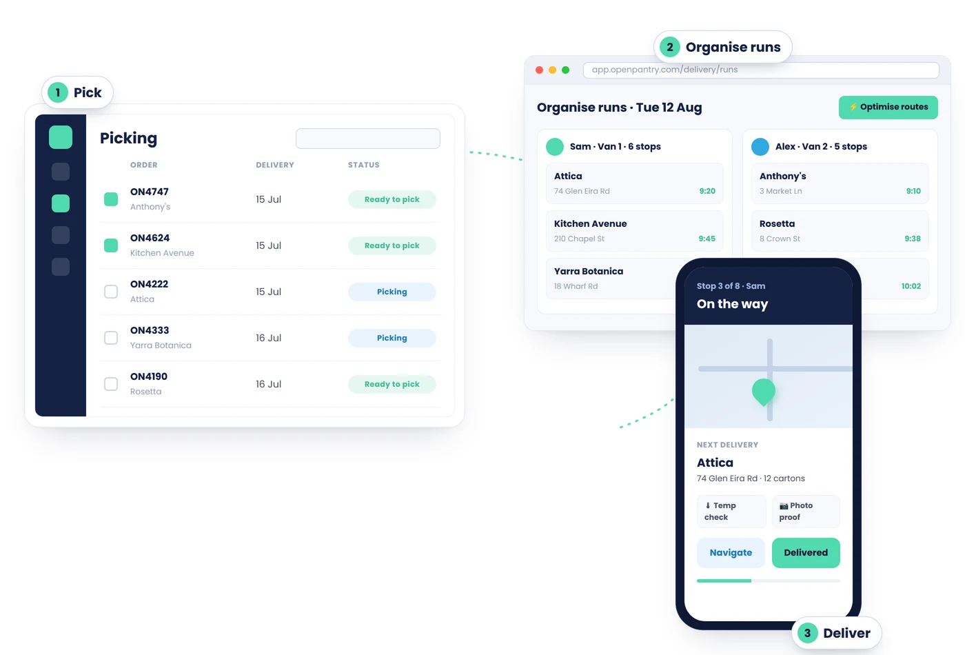 Open Pantry picking list, delivery run planning and driver app across tablet, desktop and phone