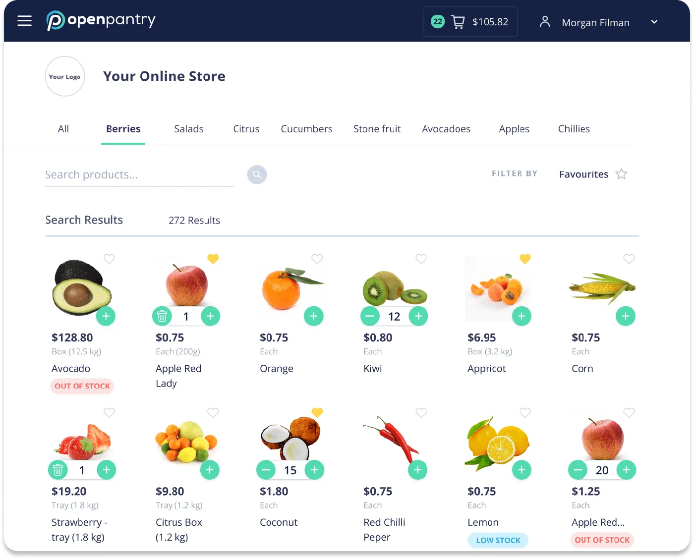 Open Pantry online store showing a customer’s own per-product prices across the catalogue