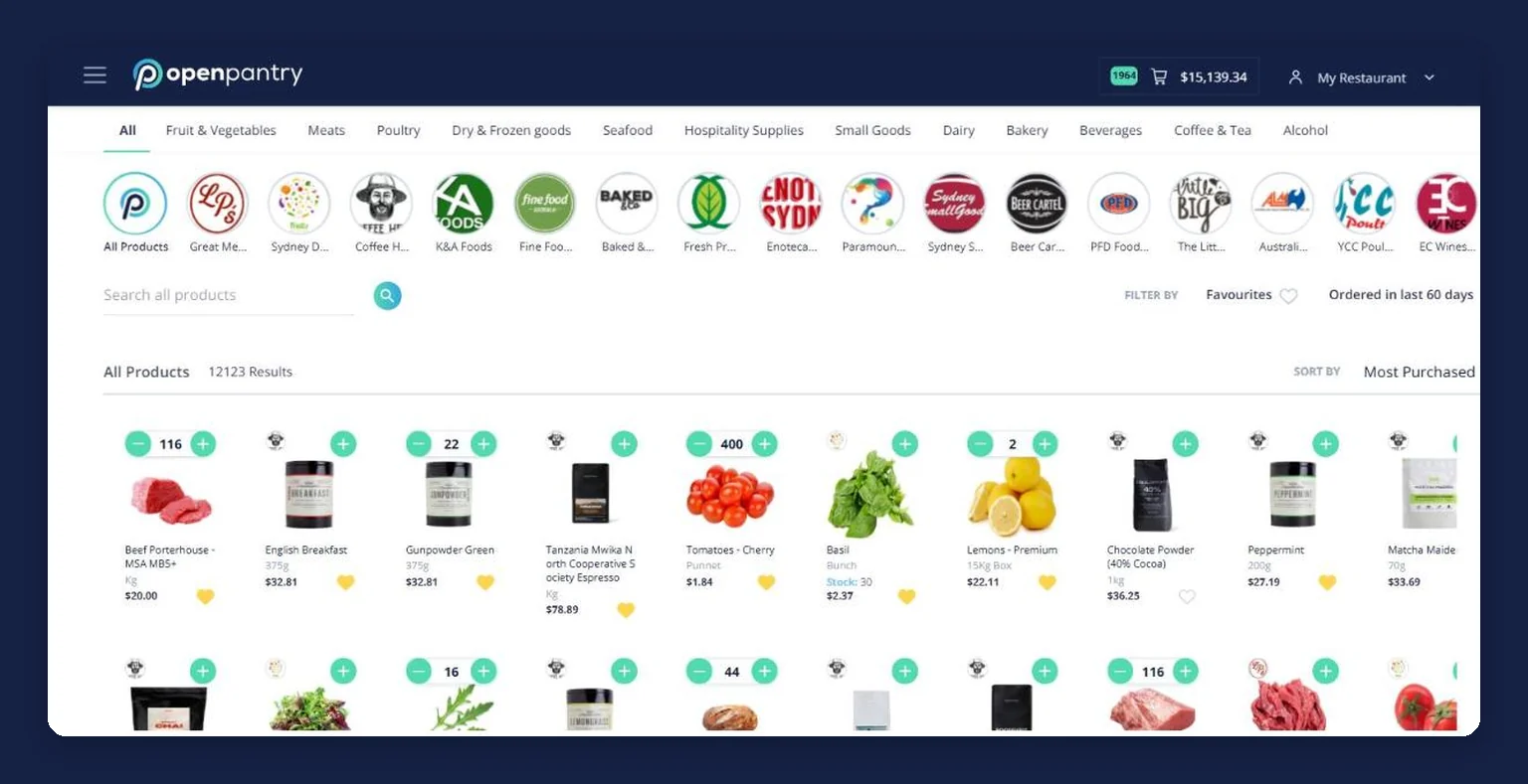 Open Pantry restaurant ordering platform — category tabs, supplier list and product catalogue with a live order cart for a Sydney venue