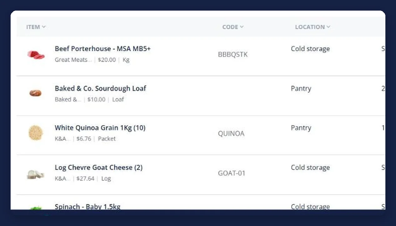 Open Pantry inventory list showing products by supplier with location and shelf, ready to add to an order