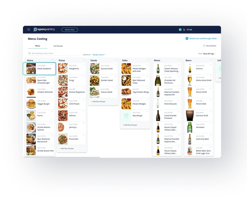 live recipe costing dashboard — total menu oversight