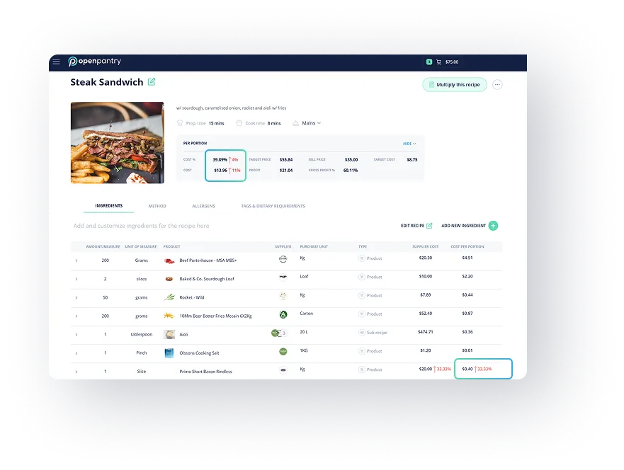 centralised recipe card with live cost, profit and suggested sell price