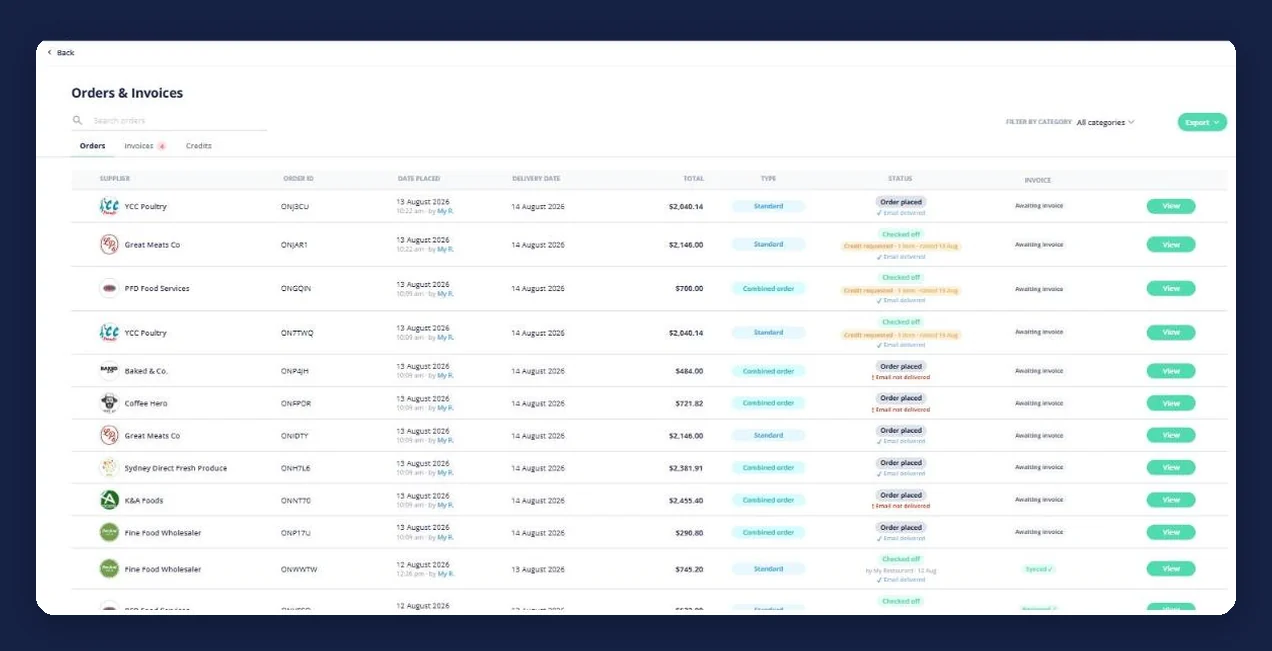 Open Pantry Orders & Invoices list for a venue showing supplier, order ID, date placed, delivery date, total and order status