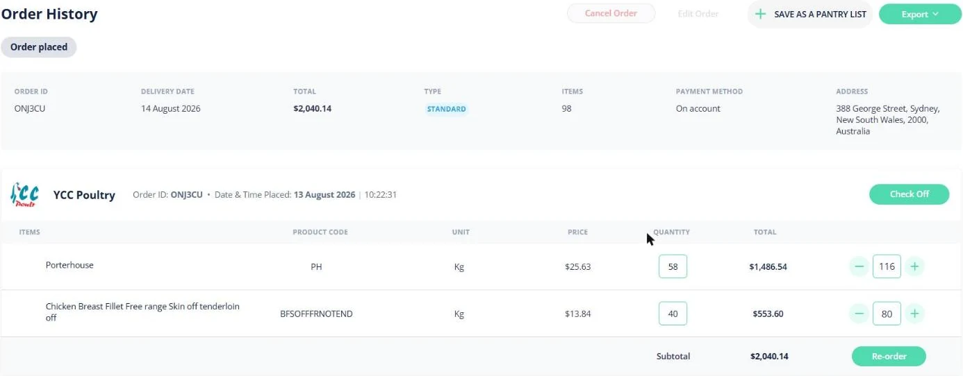 Open Pantry order history detail for a venue — order ID, delivery date, payment method and order lines with unit prices, quantities and a re-order button