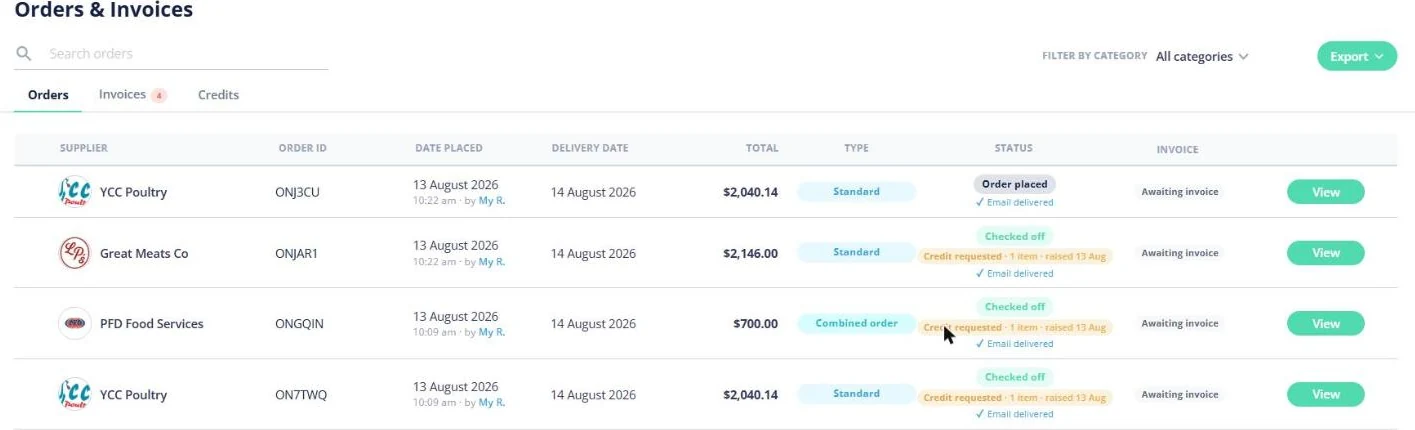 Open Pantry Orders and Invoices for a venue — orders by supplier with order IDs, delivery dates, totals, order status and invoice state