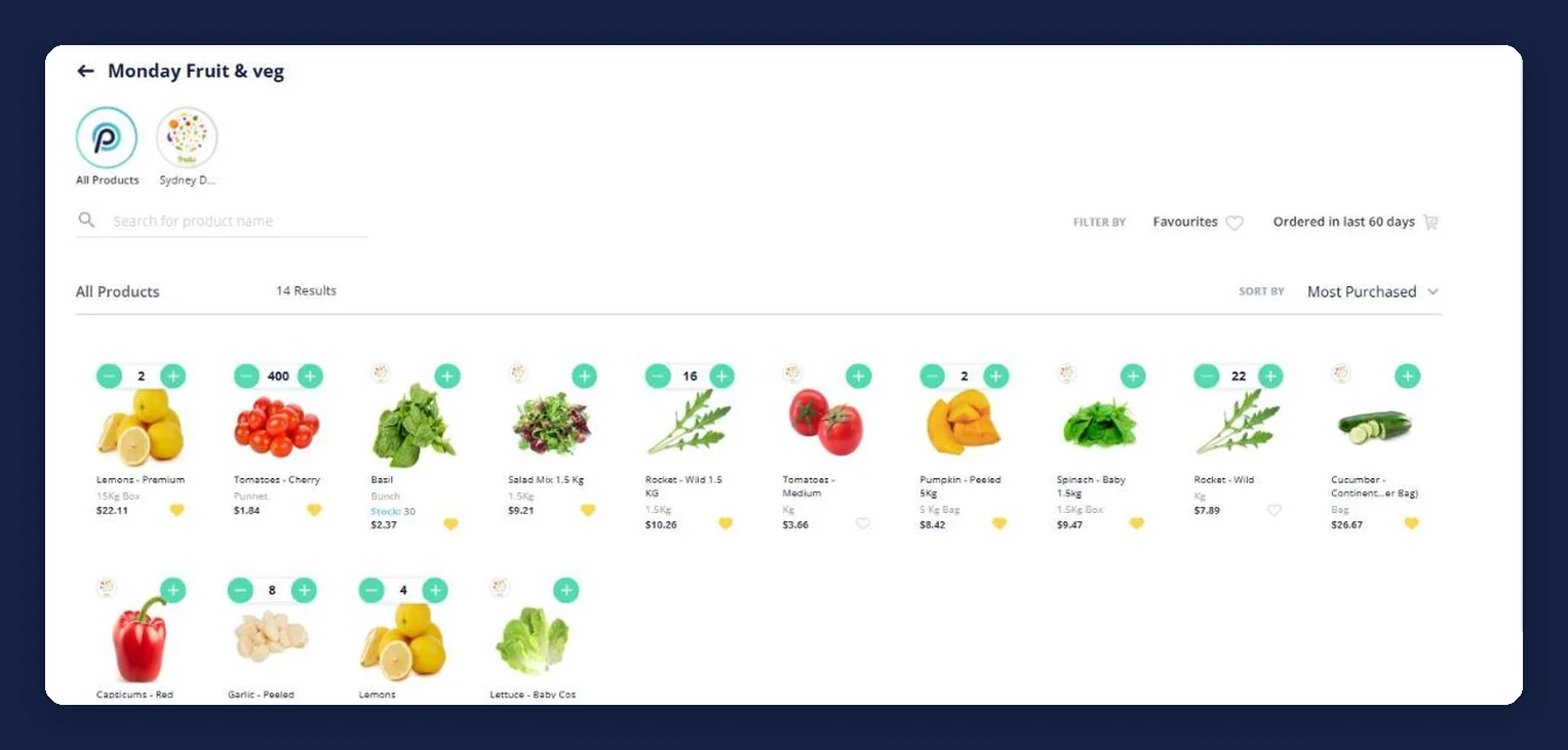 Open Pantry pantry list for a venue — a named produce list with priced products and quantity steppers ready to add to the order