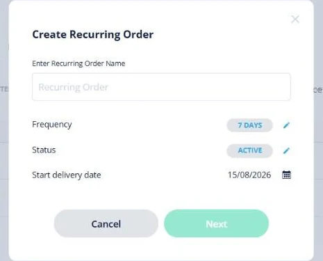 Open Pantry create recurring order dialog showing the name field, a 7 days frequency, active status and a start delivery date