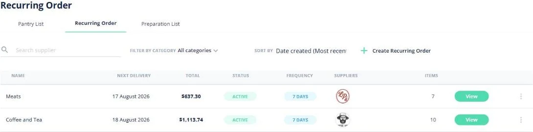 Open Pantry recurring orders for a venue — named schedules showing the next delivery date, total, active status, frequency, suppliers and item count