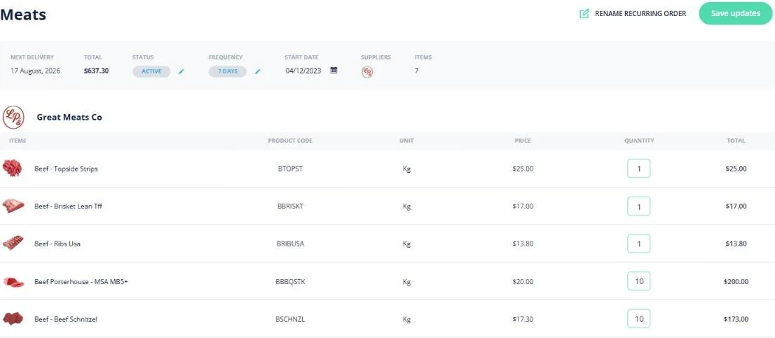 Open Pantry recurring order detail for a venue meat order — next delivery date, frequency and status above supplier-grouped lines with prices, editable quantities and a subtotal