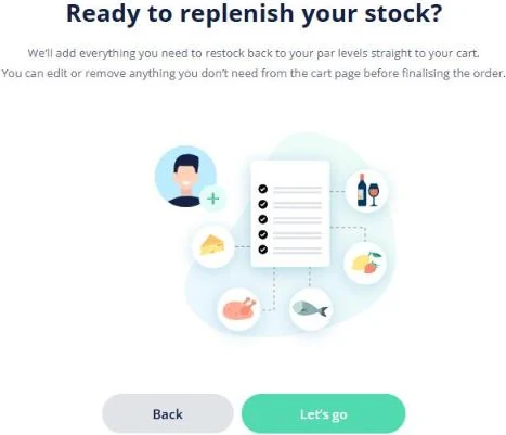 Open Pantry replenish to par screen for a venue — an offer to add everything needed to restock back to par levels straight to the cart for review