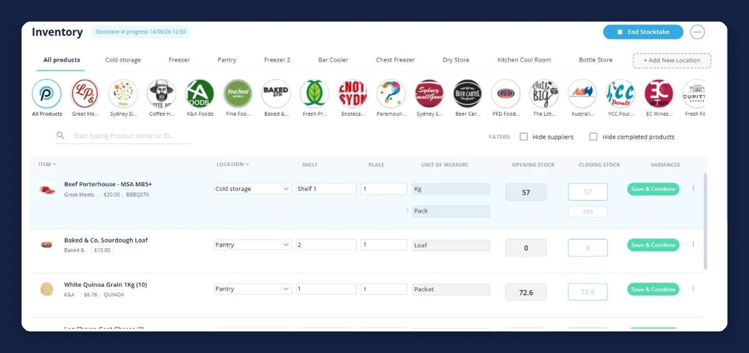 Open Pantry stocktake screen showing opening stock, closing stock and variance columns feeding the venue’s inventory balances