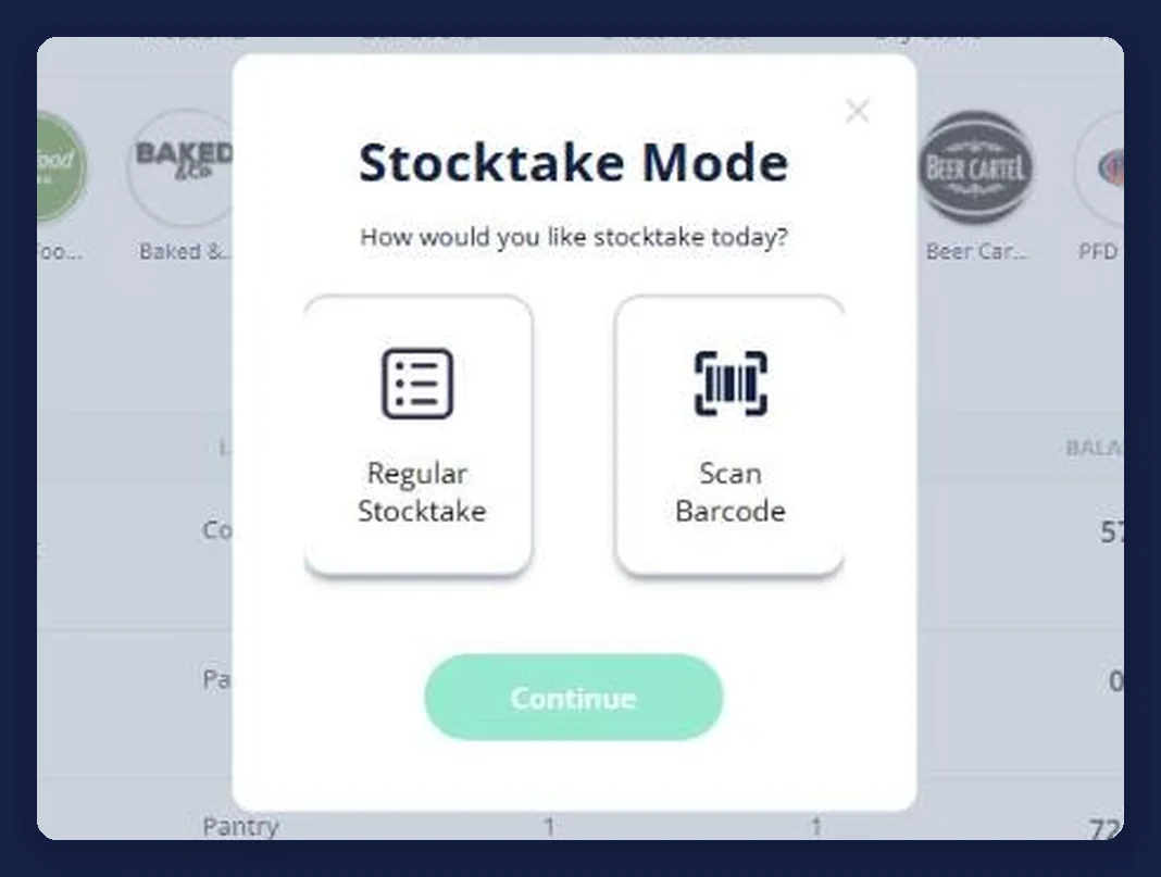 Open Pantry stocktake mode dialog offering a regular stocktake or barcode scanning