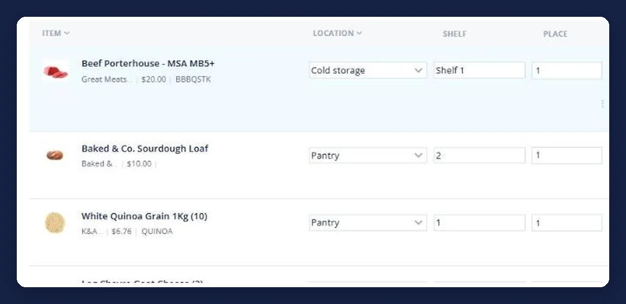 Open Pantry stocktake line showing a product counted in both kilograms and packs with its storage location and shelf