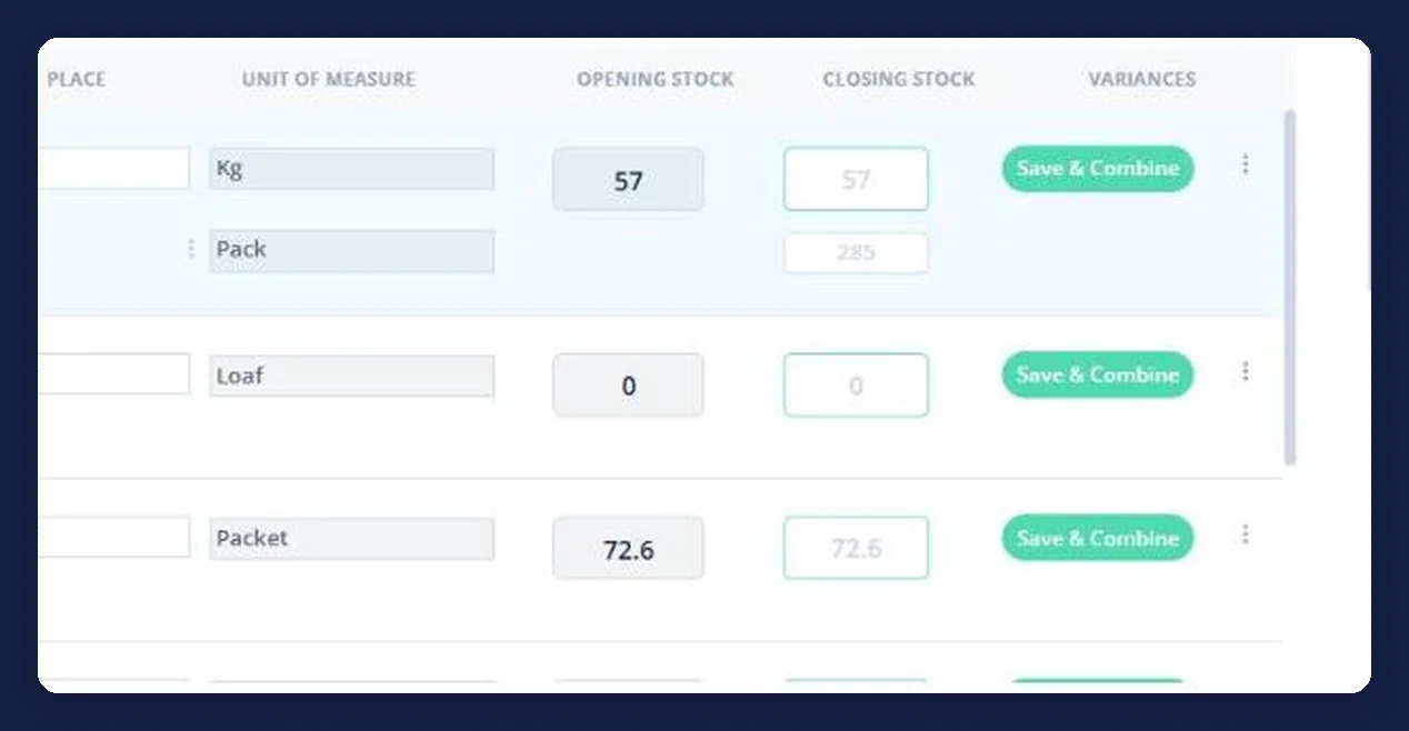 Open Pantry stocktake columns showing opening stock, closing stock and variances for each counted product