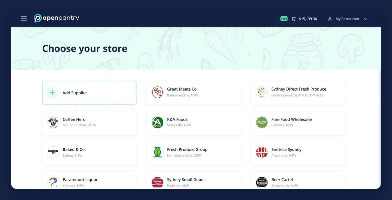 Open Pantry “Choose your store” screen listing a venue’s wholesale suppliers — meat, produce, coffee, dairy and beverage suppliers side by side